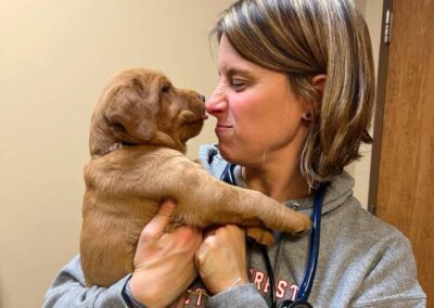 Vet kissing puppy with stethoscope
