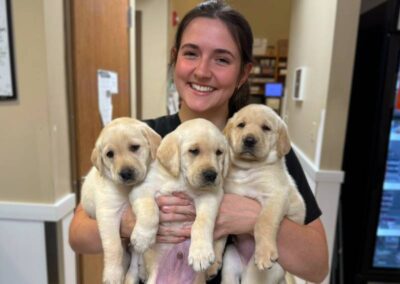 Woman holding three yellow puppies